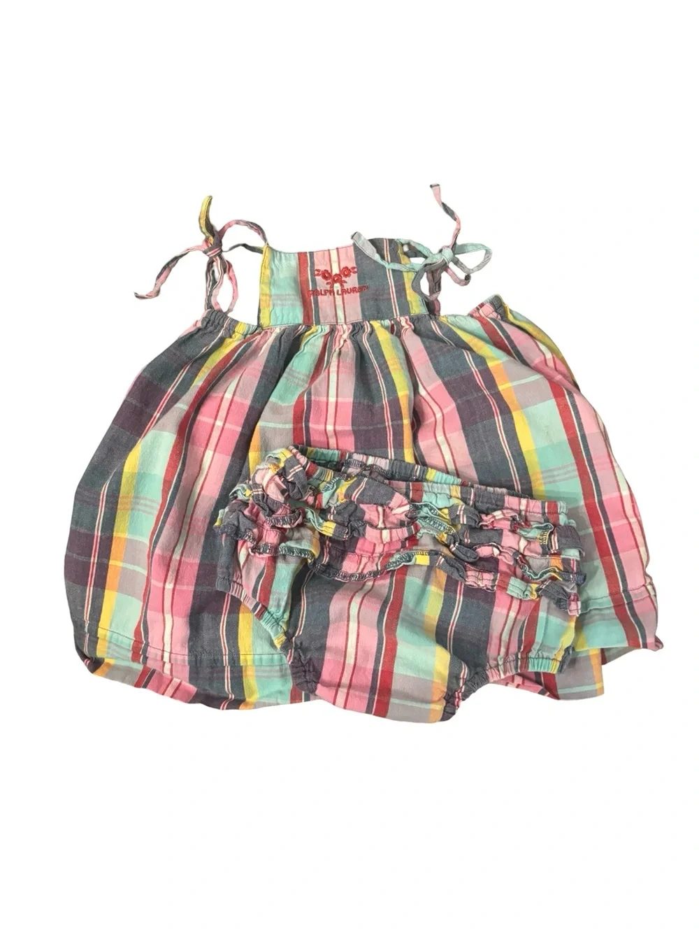Vintage Ralph Lauren Plaid Pastel Infant Sundress & Bloomers Set Small 6-12 M